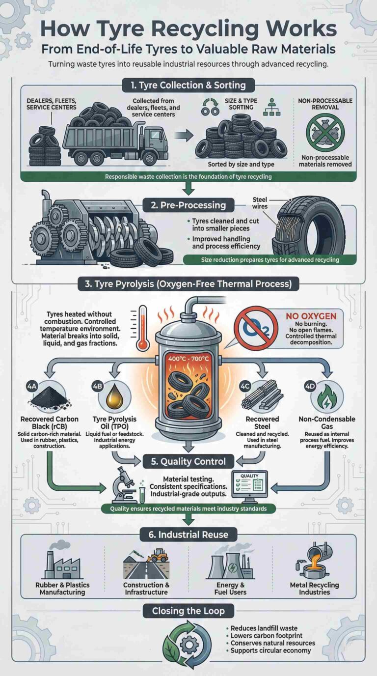 Tyre Recycling Process Infograph, Gravita Europe, Gravita India